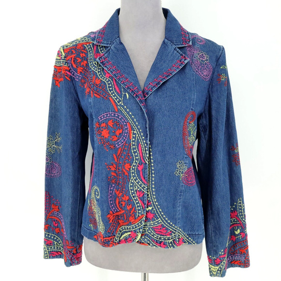Coldwater Creek Jacket Womens Small Blue Embroidered Cotton Denim Jean Snaps - Picture 1 of 16